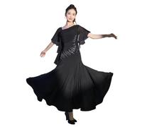 Tytyozay Robe De Danse Ballroom pour Femme, Robe De Compétition Élégante avec Manche Drapée Asymétrique, Détails en Strass Et Jupe Fluide pour Valse Et Tango Standard,Noir,L