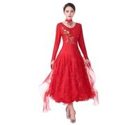 Tytyozay Robe De Danse De Salon Élégante pour Femme, avec Un Décolleté Rond Tendance des Strass Et des Appliqués Floraux Costume Standard pour L'entraînement Et La Compétition,Rouge,L