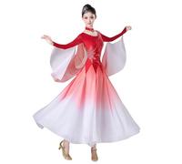 Tytyozay Robe De Danse De Salon Élégante pour Femme, Modèle À Manches Longues avec Encolure Ronde Ornée De Strass Et Jupe Ample Idéale pour Les Spectacles D'entraînement De Valse,Rouge,XL