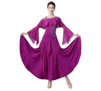 Tytyozay Robe De Danse De Salon Élégante pour Femme, Robe De Compétition Standard À Épaules Dénudées avec Volants Et Paillettes Tenue De Spectacle À Manches Longues pour Valse Et Tango,Rose,L