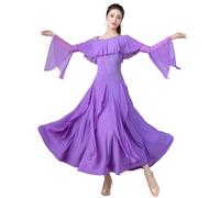 Tytyozay Robe De Danse De Salon Élégante pour Femme, Robe De Compétition Standard À Épaules Dénudées avec Volants Et Paillettes Tenue De Spectacle À Manches Longues pour Valse Et Tango,Violet,L