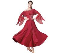 Tytyozay Robe De Danse De Salon Élégante pour Femme, Robe De Compétition Standard À Épaules Dénudées avec Volants Et Paillettes Tenue De Spectacle À Manches Longues pour Valse Et Tango,Rouge,M