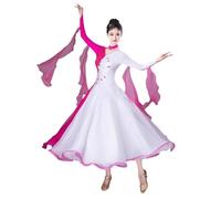 Tytyozay Robe De Danse De Salon Et De Danse Classique pour Femme, Robe De Danse À Manches Longues Et Col en V avec Manches en Mousseline Détails en Strass Jupe Ample pour Les Spectacles,Rose,XL
