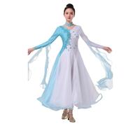 Tytyozay Robe De Danse De Salon Et De Danse Classique pour Femme, Robe De Danse À Manches Longues Et Col en V avec Manches en Mousseline Détails en Strass Jupe Ample pour Les Spectacles,Bleu,XL