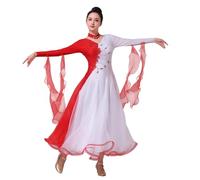 Tytyozay Robe De Danse De Salon Et De Danse Classique pour Femme, Robe De Danse À Manches Longues Et Col en V avec Manches en Mousseline Détails en Strass Jupe Ample pour Les Spectacles,Rouge,3XL