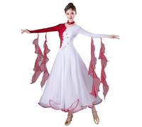 Tytyozay Robe De Danse De Salon Et De Danse Classique pour Femme, Robe De Danse À Manches Longues Et Col en V avec Manches en Mousseline Détails en Strass Jupe Ample pour Les Spectacles,Blanc,XL