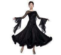 Tytyozay Robe De Danse De Salon pour Femme, Élégante Robe De Valse À Manches Longues pour Compétition Robe De Danse Tendance À Manches Cloche pour Spectacle Soirée Et Fête,Noir,S