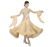 Tytyozay Robe De Danse De Salon pour Femme, Élégante Robe De Valse À Manches Longues pour Compétition Robe De Danse Tendance À Manches Cloche pour Spectacle Soirée Et Fête,Jaune,M