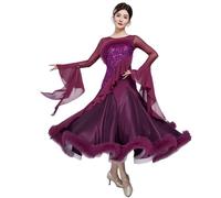 Tytyozay Robe De Danse De Salon pour Femme, Élégante Robe De Valse À Manches Longues pour Compétition Robe De Danse Tendance À Manches Cloche pour Spectacle Soirée Et Fête,Violet,L