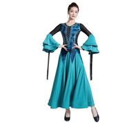 Tytyozay Robe De Danse De Salon Professionnelle pour Femme, Élégante Robe Standard À Manches Longues avec Volants Et Empiècements en Résille Idéale pour La Valse Et L'entraînement,Vert,L