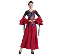 Tytyozay Robe De Danse De Salon Professionnelle pour Femme, Élégante Robe Standard À Manches Longues avec Volants Et Empiècements en Résille Idéale pour La Valse Et L'entraînement,Rouge,XL