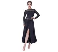 Tytyozay Robe De Danse De Salon Standard pour Femme, Élégante Robe De Valse À Manches Longues Design Tendance Orné Strass Robe Soirée avec Fente Haute Et Jupe Fluide pour Tango Compétition,Noir,3XL