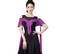Tytyozay Robe De Danse Élégante Deux Pièces pour Femme, Haut De Bal À Épaules Dénudées avec Volants Et Jupe Ample Noire Évasée Idéale pour La Valse Le Tango L'entraînement Et La Scène,Purple Top,L
