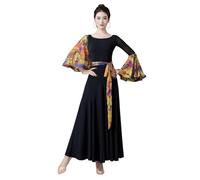 Tytyozay Robe De Danse Élégante pour Femme, Manches Fleuries Col Rond Tendance Costume De Scène Tenue De Danse Latine Standard pour Tango Flamenco Et Danses Sociales,Jaune,XL