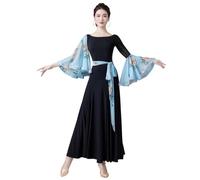 Tytyozay Robe De Danse Élégante pour Femme, Manches Fleuries Col Rond Tendance Costume De Scène Tenue De Danse Latine Standard pour Tango Flamenco Et Danses Sociales,Bleu,M