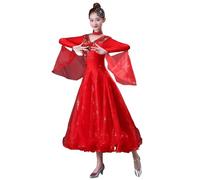 Tytyozay Robe De Danse Et De Valse Standard pour Femme, Robe Élégante À Manches Longues avec Col en V Strass Et Jupe Ample pour L'entraînement Les Spectacles Et Les Compétitions,Rouge,L