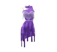 Tytyozay Robe De Danse Latine À Franges pour Femme, Tenue D'entraînement Élégante Asymétrique sans Manches avec Strass Dos Nu pour Tango Cha-Cha Salsa Rumba,Violet,M