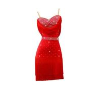 Tytyozay Robe De Danse Latine À Franges pour Femmes, Tenue D'entraînement Élégante sans Manches avec Strass Dos Nu Amincissante Tenue De Soirée pour Filles Tango Cha-Cha-Salsa,Rouge,L