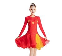 Tytyozay Robe De Danse Latine À Manches Longues pour Femme, Élégante Robe D'entraînement À Col Rond Et Jupe À Volants Multicouches pour La Scène De Cha-Cha-Cha Rumba Et Samba,Rouge,M