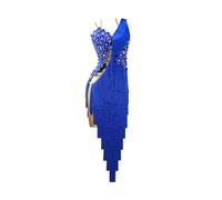 Tytyozay Robe De Danse Latine Bleue pour Fille, Col en V sans Manches Costume Compétition Femme Vêtements D'entraînement Strass Élégants Dos Nu Jupe Longue Asymétrique À Pompons pour Samba,Bleu,XL