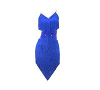 Tytyozay Robe De Danse Latine Bleue pour Filles, Tenue De Spectacle sans Manches À Col en V pour Femmes Élégante Robe Soirée À Franges Dos Nu Jupe Asymétrique pour Tango Cha Cha Salsa Rumba,Bleu,M