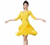 Tytyozay Robe De Danse Latine Élégante pour Femme, Robe De Compétition À Manches 3/4 avec Col Ras-du-Cou, Franges Superposées en Strass pour Cha-Cha, Rumba Et Samba,Jaune,3XL