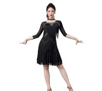 Tytyozay Robe De Danse Latine Élégante pour Femme, Robe De Compétition À Manches 3/4 avec Col Ras-du-Cou, Franges Superposées en Strass pour Cha-Cha, Rumba Et Samba,Noir,M