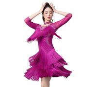 Tytyozay Robe De Danse Latine Élégante pour Femme, Robe De Compétition À Manches 3/4 avec Col Ras-du-Cou, Franges Superposées en Strass pour Cha-Cha, Rumba Et Samba,Violet,XL