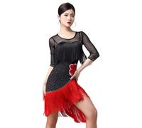 Tytyozay Robe De Danse Latine Élégante pour Femme, Robe De Compétition Mode Noir Et Rouge À Franges avec Manches 3/4, Strass Et Jupe Asymétrique pour Cha-Cha, Rumba Et Samba,Noir,L