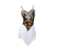 Tytyozay Robe De Danse Latine Léopard pour Femmes, Bretelles Dos Nu Robes De Performance À Pompons Et Strass Vêtements De Compétition pour Samba Et Rumba,Marron,L