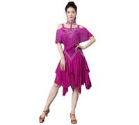 Tytyozay Robe De Danse Latine pour Femme avec Collier, Robe De Scène Tendance À Épaules Dénudées avec Franges Et Strass Costume De Spectacle Jupe Asymétrique pour Rumba Samba Et Cha-Cha,Violet,XL