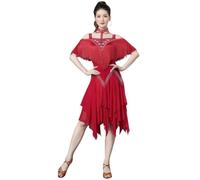 Tytyozay Robe De Danse Latine pour Femme avec Collier, Robe De Scène Tendance À Épaules Dénudées avec Franges Et Strass Costume De Spectacle Jupe Asymétrique pour Rumba Samba Et Cha-Cha,Rouge,XL