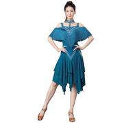 Tytyozay Robe De Danse Latine pour Femme avec Collier, Robe De Scène Tendance À Épaules Dénudées avec Franges Et Strass Costume De Spectacle Jupe Asymétrique pour Rumba Samba Et Cha-Cha,Bleu,XL