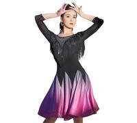 Tytyozay Robe De Danse Latine pour Femme, Costume De Compétition Élégant À Franges avec Manches 3/4, Détails en Strass Et Jupe Évasée pour Cha-Cha, Rumba Et Samba,Violet,M