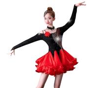 Tytyozay Robe De Danse Latine pour Femme, Élégante Robe Asymétrique À Manches Longues Et Jupe À Volants Superposés Idéale pour L'entraînement Et Les Spectacles De Danse Latine De Salon,Rouge,S