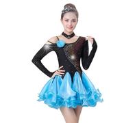 Tytyozay Robe De Danse Latine pour Femme, Élégante Robe Asymétrique À Manches Longues Et Jupe À Volants Superposés Idéale pour L'entraînement Et Les Spectacles De Danse Latine De Salon,Bleu,S