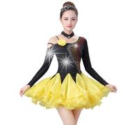 Tytyozay Robe De Danse Latine pour Femme, Élégante Robe Asymétrique À Manches Longues Et Jupe À Volants Superposés Idéale pour L'entraînement Et Les Spectacles De Danse Latine De Salon,Jaune,L