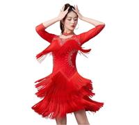 Tytyozay Robe De Danse Latine pour Femme, Robe De Performance Élégante À Franges avec Strass, Manches en Mesh Et Coupe Ajustée pour Salsa Cha-Cha Rumba Entraînement Et Compétition,Rouge,XL