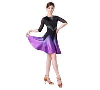 Tytyozay Robe De Danse Latine Professionnelle pour Femme, Tenue Tendance À Col Ras du Cou Et Manches Mi-Longues avec Pompons Dégradés pour Soirée De Bal Moderne Tango Cha-Cha Salsa Rumba,Violet,M