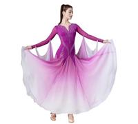 Tytyozay Robe De Danse Moderne pour Femme, Robe De Compétition Standard avec Col en V, Manches Longues, Détails en Strass Et Jupe Swing Coupe A Dégradée pour Valse Tango Et Danse Ballroom,Violet,XXL