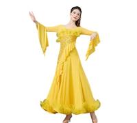 Tytyozay Robe De Danse Standard Ballroom Élégante pour Femme en Compétition,Robe Moderne À Col en V Manches Longues À Volants Détails Strass Et Large Jupe Swing pour Valse Tango,Jaune,XL