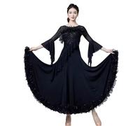 Tytyozay Robe De Danse Standard Ballroom Élégante pour Femme en Compétition,Robe Moderne À Col en V Manches Longues À Volants Détails Strass Et Large Jupe Swing pour Valse Tango,Noir,L