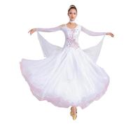 Tytyozay Robe De Danse Standard pour Femme, Blanche Élégante Robe De Valse À Col Rond Décolleté Épaules Dénudées Et Jupe Ample Idéale pour L'entraînement Et La Compétition,Blanc,3XL