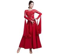 Tytyozay Robe De Valse De Salon pour Femme avec Manches en Résille, Élégante Robe De Danse Longue Et Fluide Standard Ornée De Strass Robe De Scène Professionnelle,Rouge,M