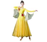 Tytyozay Robe De Valse pour Femme, Idéale pour La Danse Standard Robe À Manches Longues Et Col en V Ornée De Strass sur Les Manches en Mousseline Et Jupe Ample Parfaite pour La Scène,Jaune,L