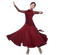 Tytyozay Robes De Danse De Salon pour Femme, Élégante Robe De Valse À Col Montant avec Jupe Longue Fluide Grande Amplitude Style Lyrique Manches Longues pour Performance Compétition Soirée,Rouge,XL
