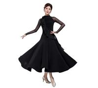 Tytyozay Robes De Danse De Salon pour Femme, Élégante Robe De Valse À Col Montant avec Jupe Longue Fluide Grande Amplitude Style Lyrique Manches Longues pour Performance Compétition Soirée,Noir,M