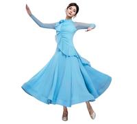 Tytyozay Robes De Danse De Salon pour Femme, Élégante Robe De Valse À Col Montant avec Jupe Longue Fluide Grande Amplitude Style Lyrique Manches Longues pour Performance Compétition Soirée,Bleu,3XL