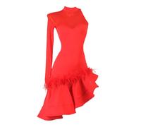 Tytyozay Robes De Danse Latine pour Femmes, Costume Danse À Une Manche avec Col Haut Et Plumes Ourlet Incliné Tenues Compétition Professionnelles Latines pour Robes Samba Tango Cha Cha,Rouge,L
