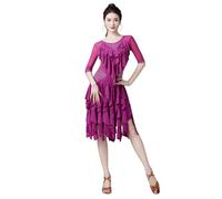 Tytyozay Robes De Danse Latine Professionnelles pour Femmes, Costume De Compétition Tendance À Col Rond avec Jupe À Volants en Strass pour Soirée Salon Moderne Tango Cha-Cha Salsa Rumba,Violet,L